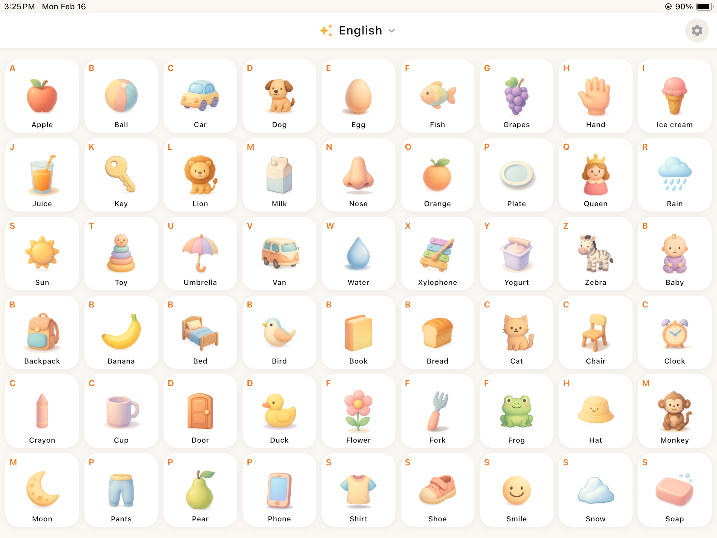 NidoVoix play mode showing English alphabet grid