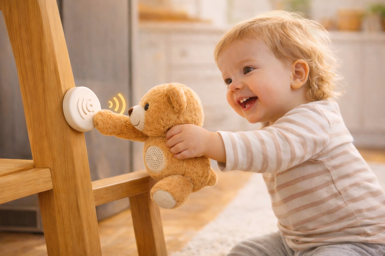 Child points plush at NFC tag to hear the word